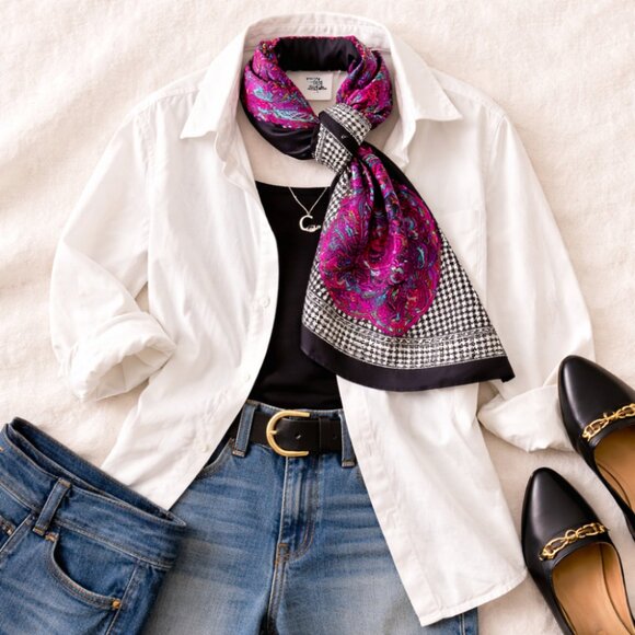 Ginnie Johansen Inc. Accessories - Ginnie Johansen Paisley Silk Scarf Blue Maroon Green Blue Houndstooth 34"